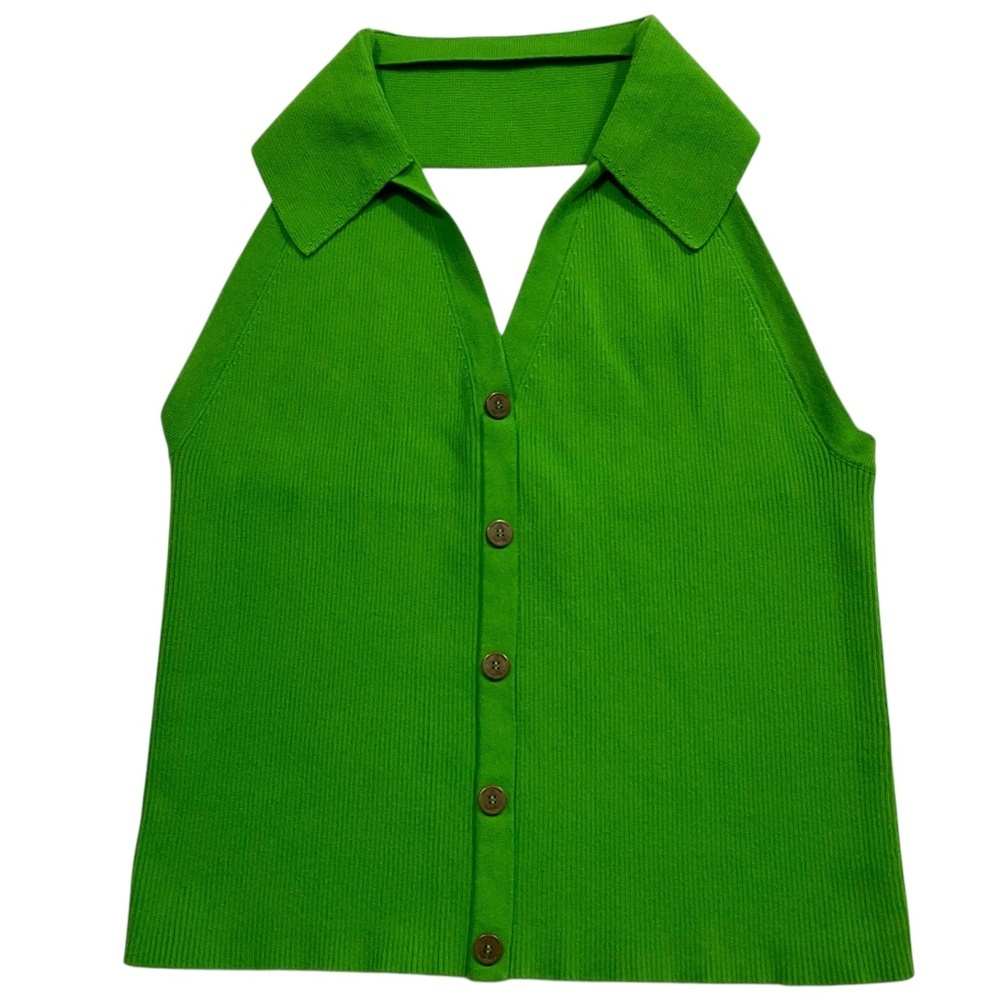 Tommy Hilfiger Womens Green Ribbed Polo Halter Sleeveless Sweater Large
